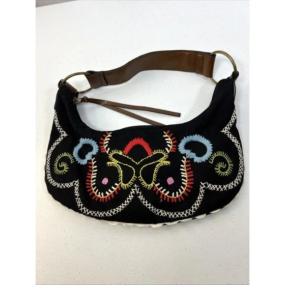 Old Navy Black Vintage Embroidered Bean Shape Butterfly Purse Faux Leather Strap - Picture 3 of 11